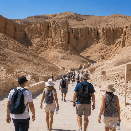 Visitors exploring temples in Luxor heat