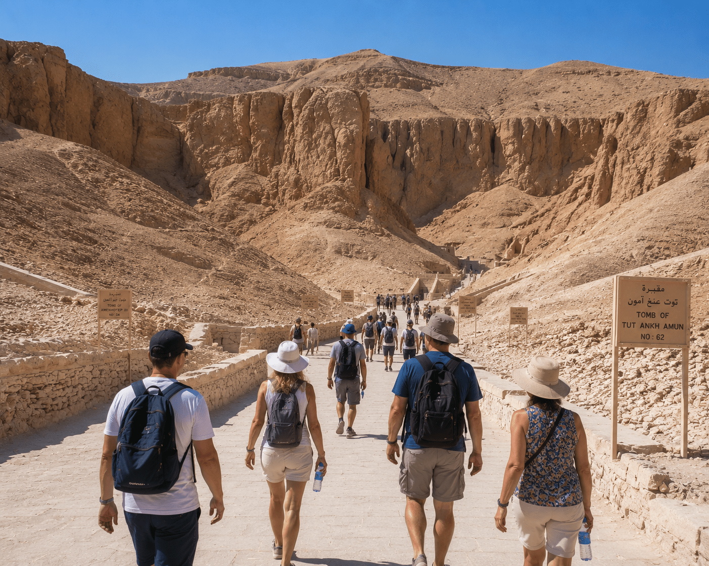 Visitors exploring temples in Luxor heat