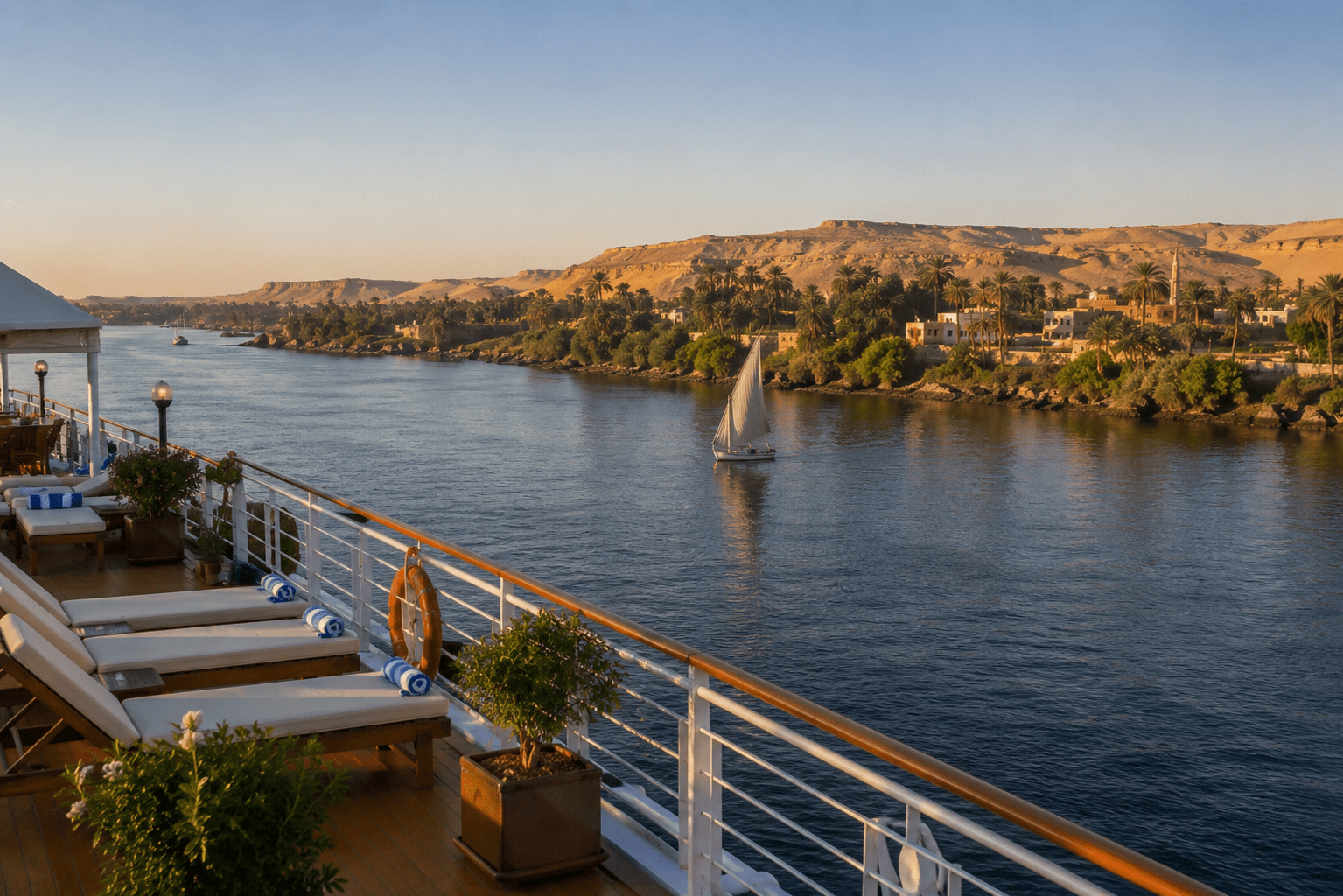 View from Nile cruise deck while sailing through Upper Egypt