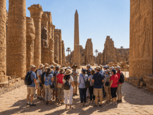 guided group walking through an Egyptian temple site