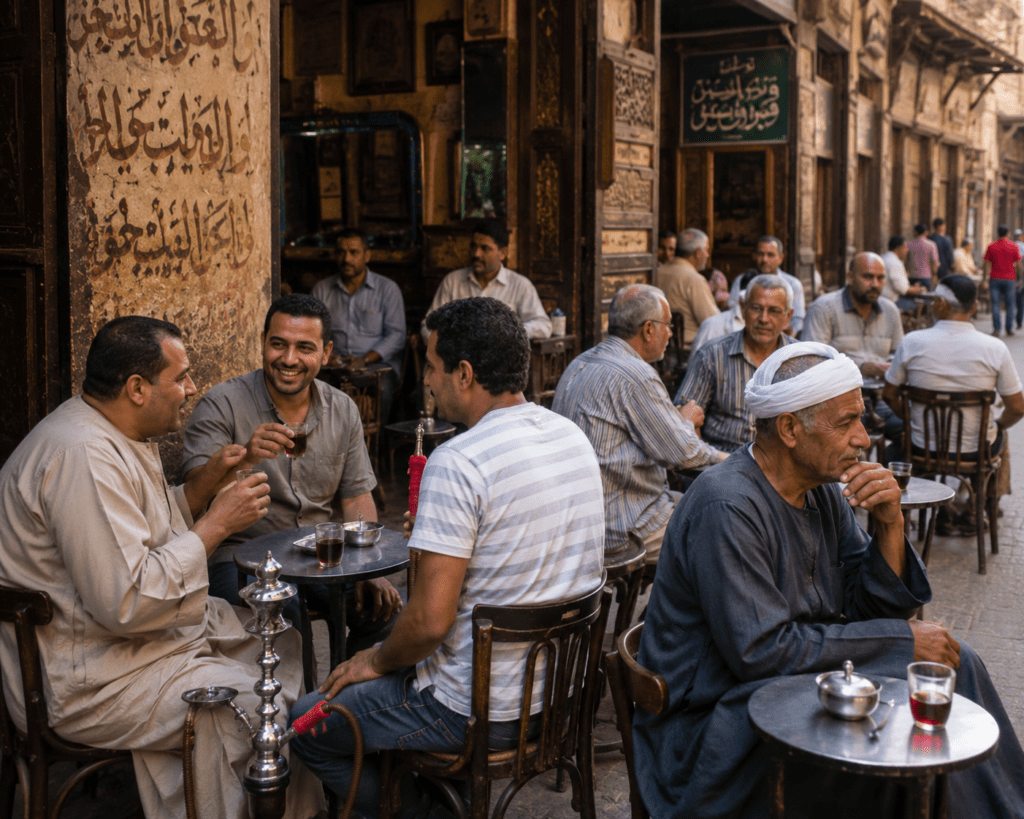 Tourists in local café scene in Cairo in practical travel clothing