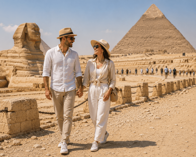 Appropriate sightseeing clothing for visiting Egypt.