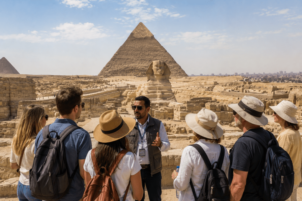 Relaxed sightseeing image showing travelers enjoying Cairo with a guide.