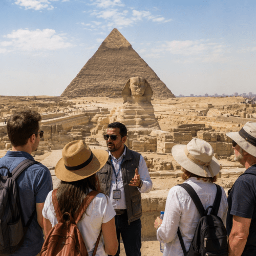 Relaxed sightseeing image showing travelers enjoying Cairo with a guide.