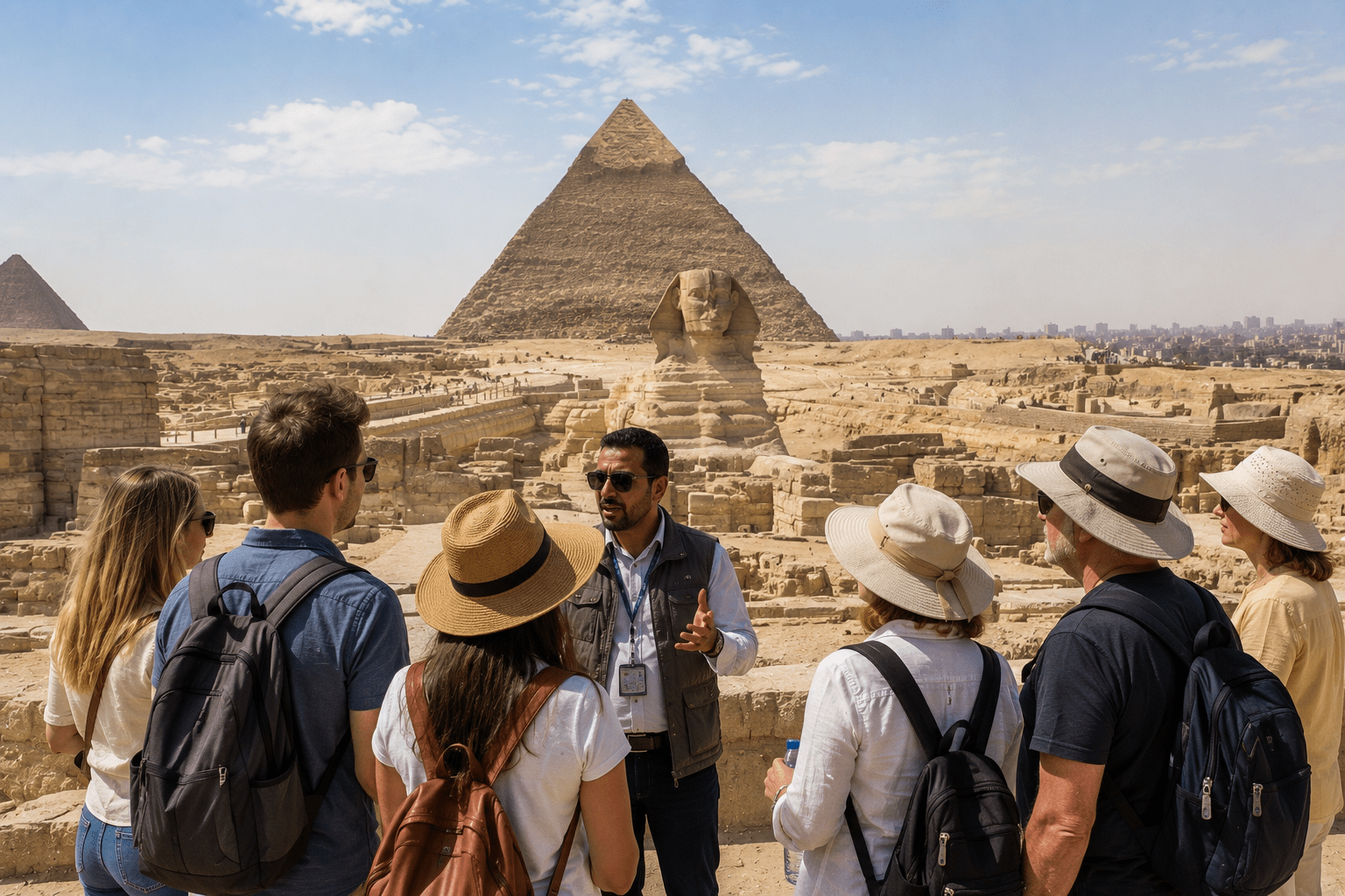 Relaxed sightseeing image showing travelers enjoying Cairo with a guide.