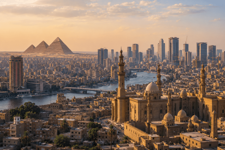 Wide cityscape of Cairo showing the contrast between the modern city and historic landmarks.