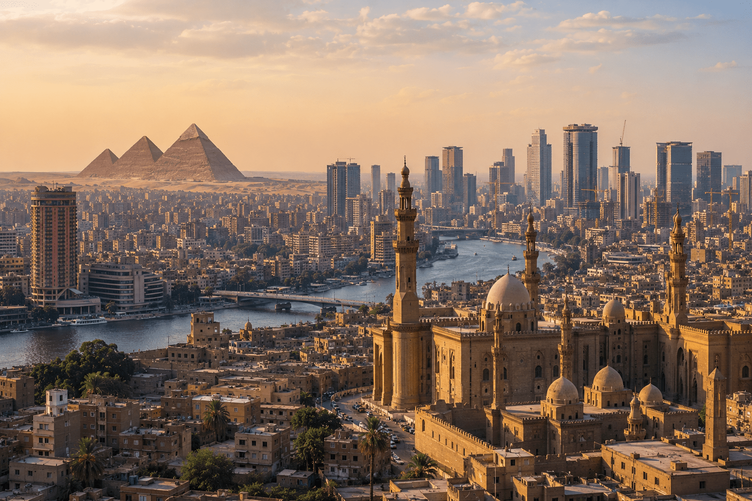 Wide cityscape of Cairo showing the contrast between the modern city and historic landmarks.