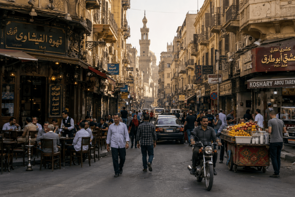 Street scene showing everyday Cairo life with pedestrians, cafés, and local activity.