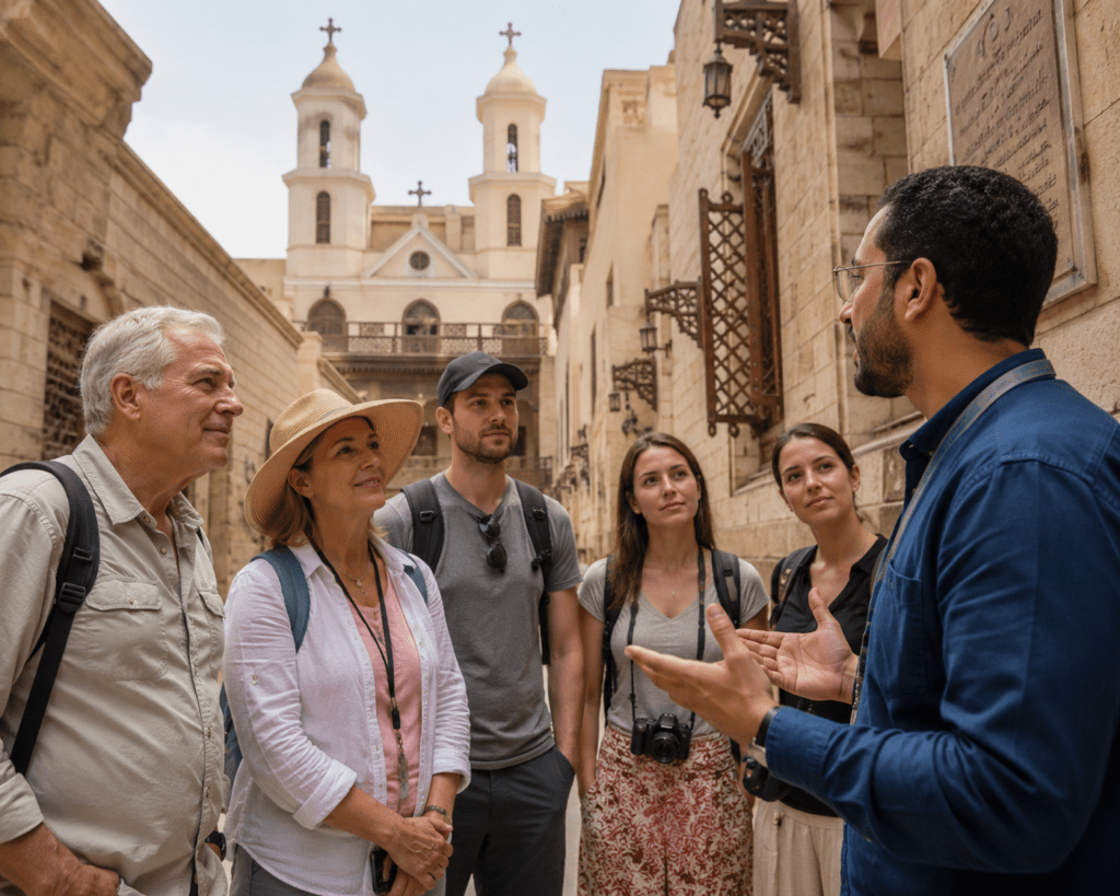 guide with small group doing walking tour in coptic cairo