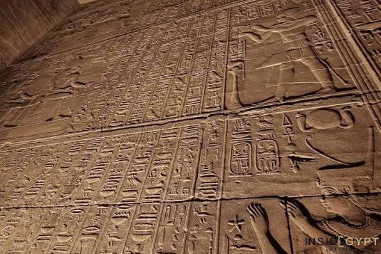 Carved reliefs inside the Temple of Isis at Philae.