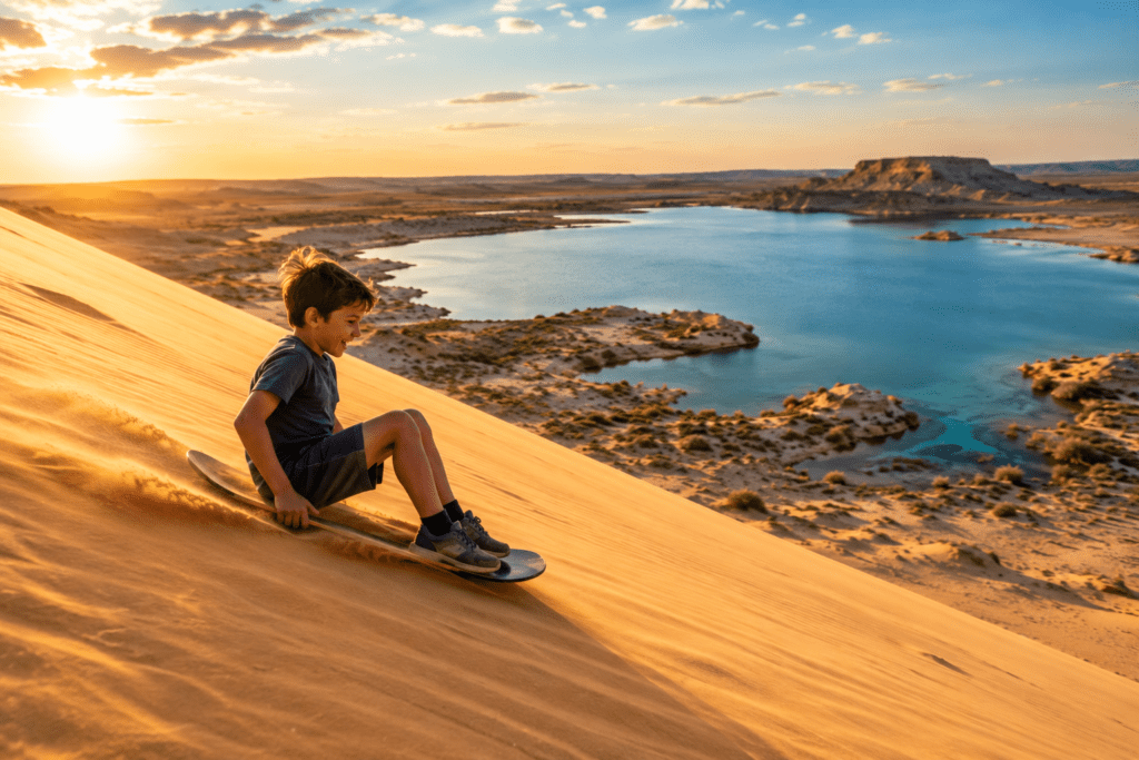 Child sitting on sandboard and riding it down the dune