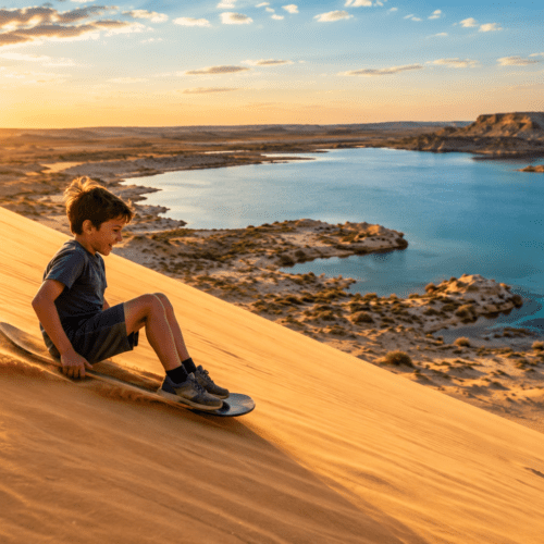 Child sitting on sandboard and riding it down the dune