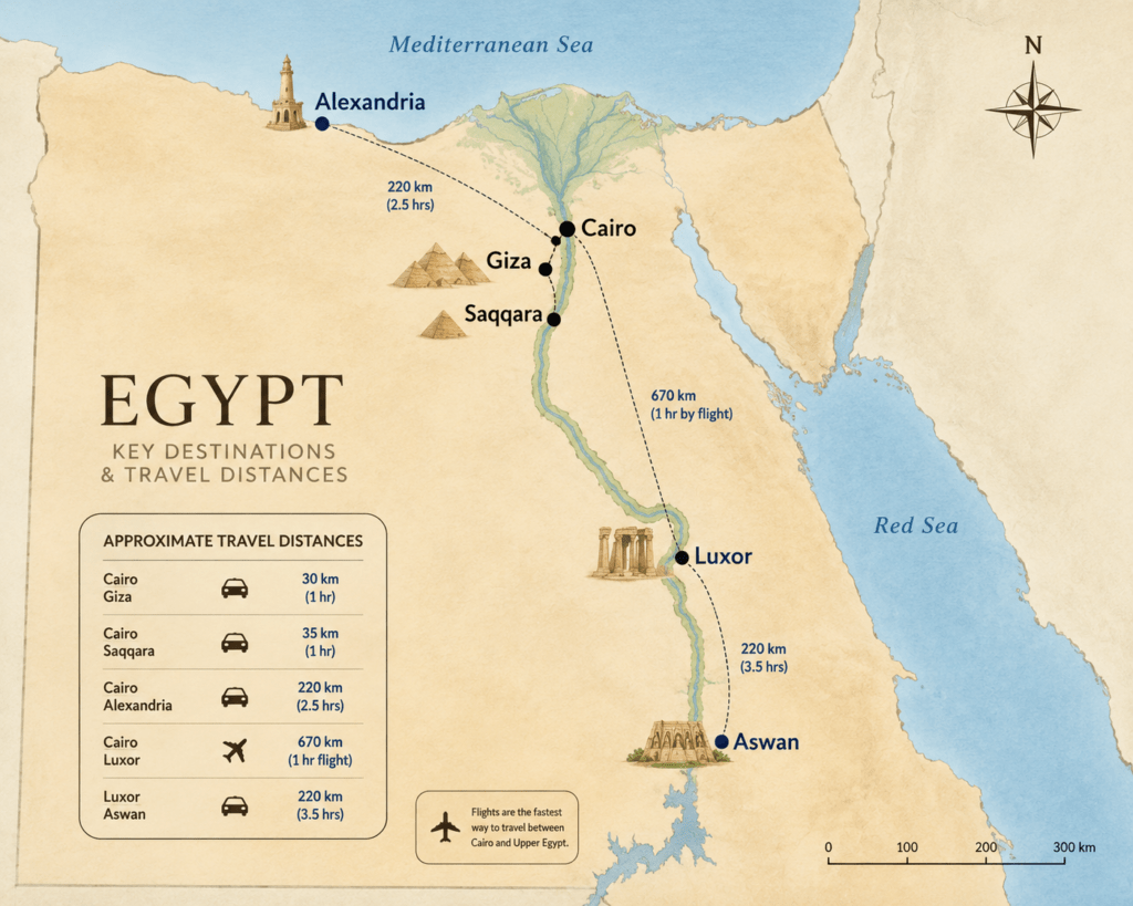 Map of Egypt highlighting Cairo, Giza, Saqqara, Luxor, Aswan, and Alexandria to show travel distances.