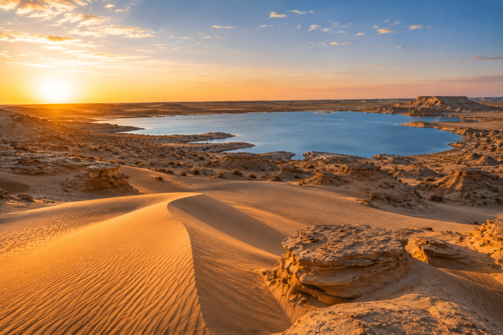 Panoramic view of the Fayoum dunes with Magic Lake in the background