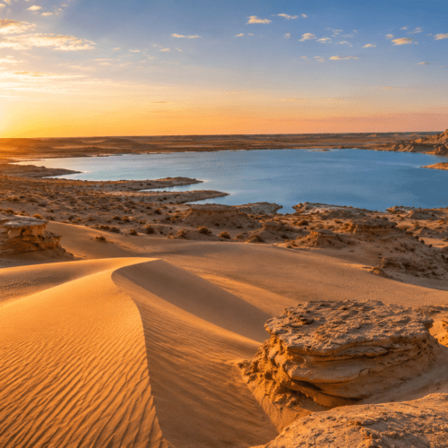 Panoramic view of the Fayoum dunes with Magic Lake in the background