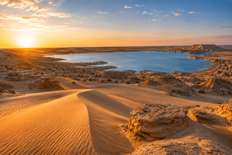 Panoramic view of the Fayoum dunes with Magic Lake in the background