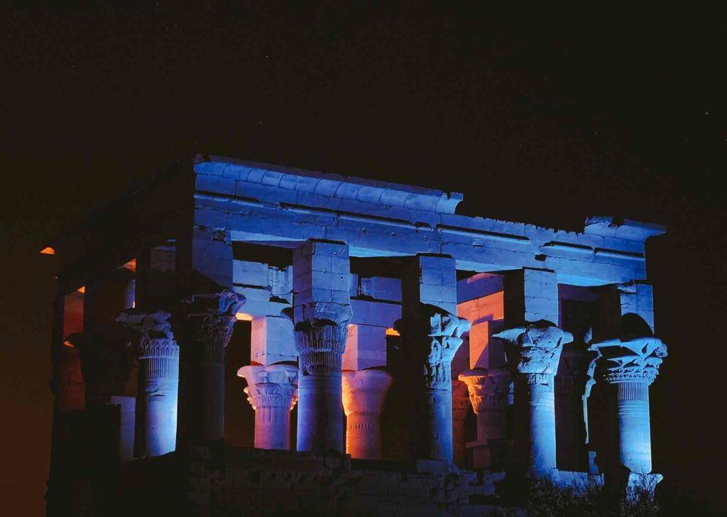 Philae Temple illuminated at night for the Sound and Light Show.