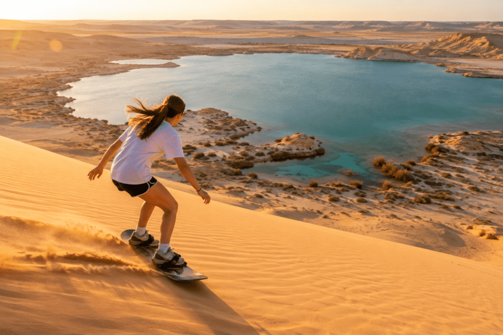 Teenage girl sandboarding down a large golden dune overlooking Magic Lake