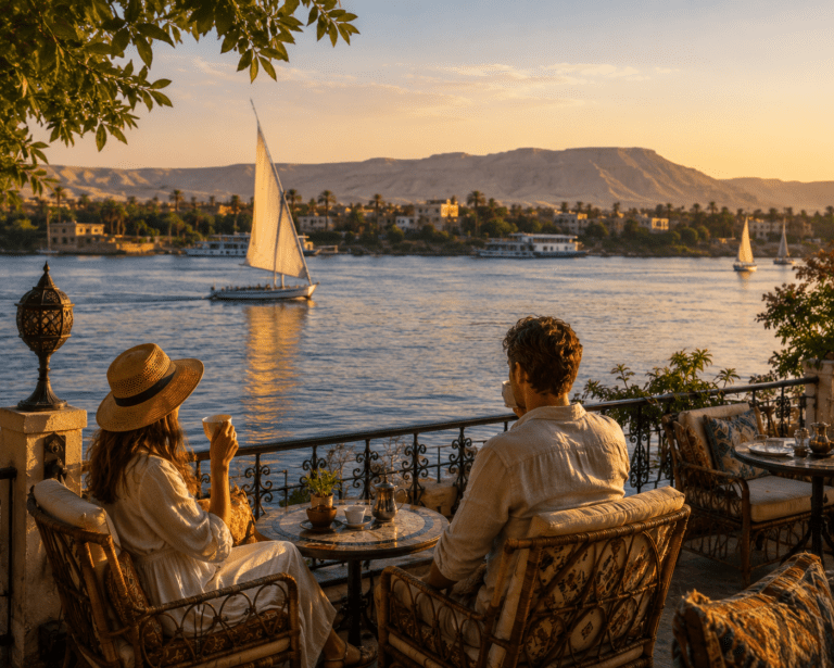 Travelers enjoying a quiet café overlooking the Nile