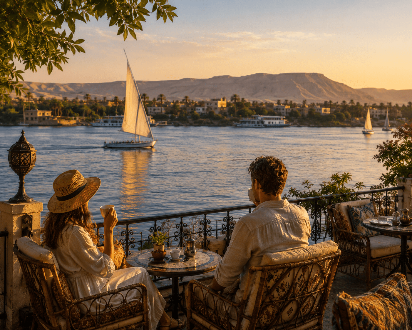 Travelers enjoying a quiet café overlooking the Nile