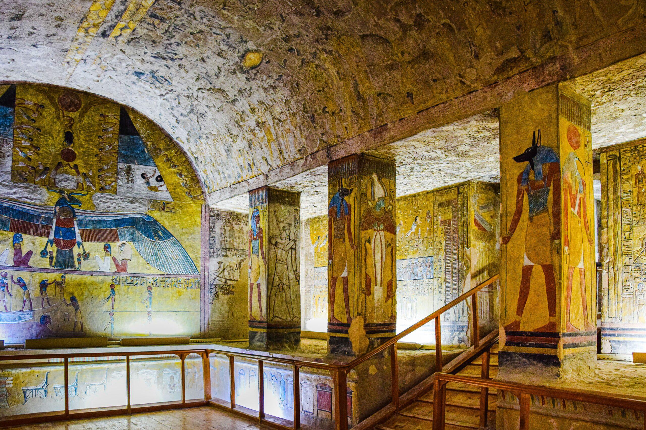 Decorated royal tomb corridor inside the Valley of the Kings.