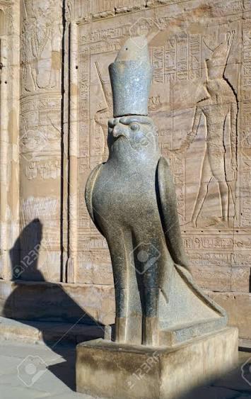 Black granite statue of Horus wearing the Double Crown at Edfu Temple.
