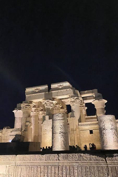 Kom Ombo Temple illuminated during an evening Nile cruise visit.