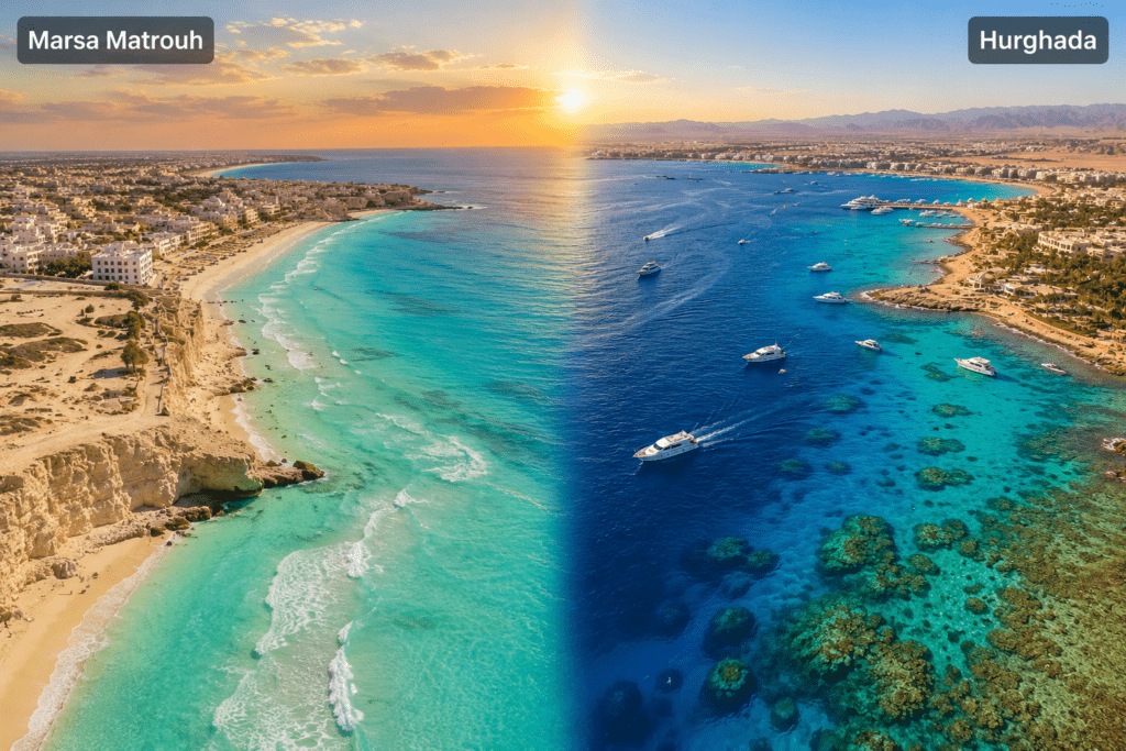 Mediterranean Egypt and Red Sea Egypt compared, showing white-sand beaches and coral reef coastline.