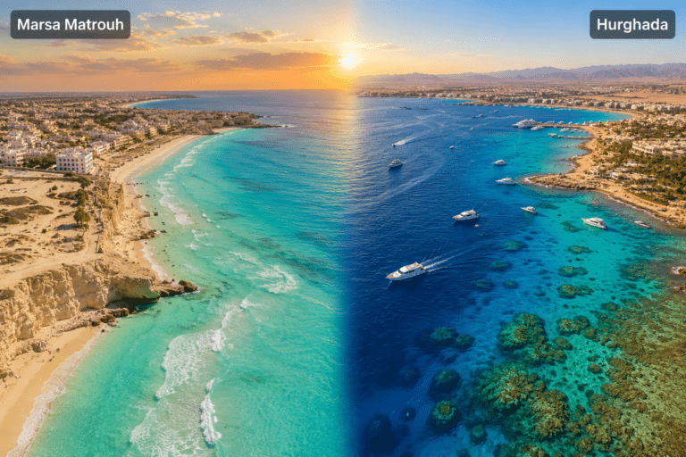 Mediterranean Egypt and Red Sea Egypt compared, showing white-sand beaches and coral reef coastline.