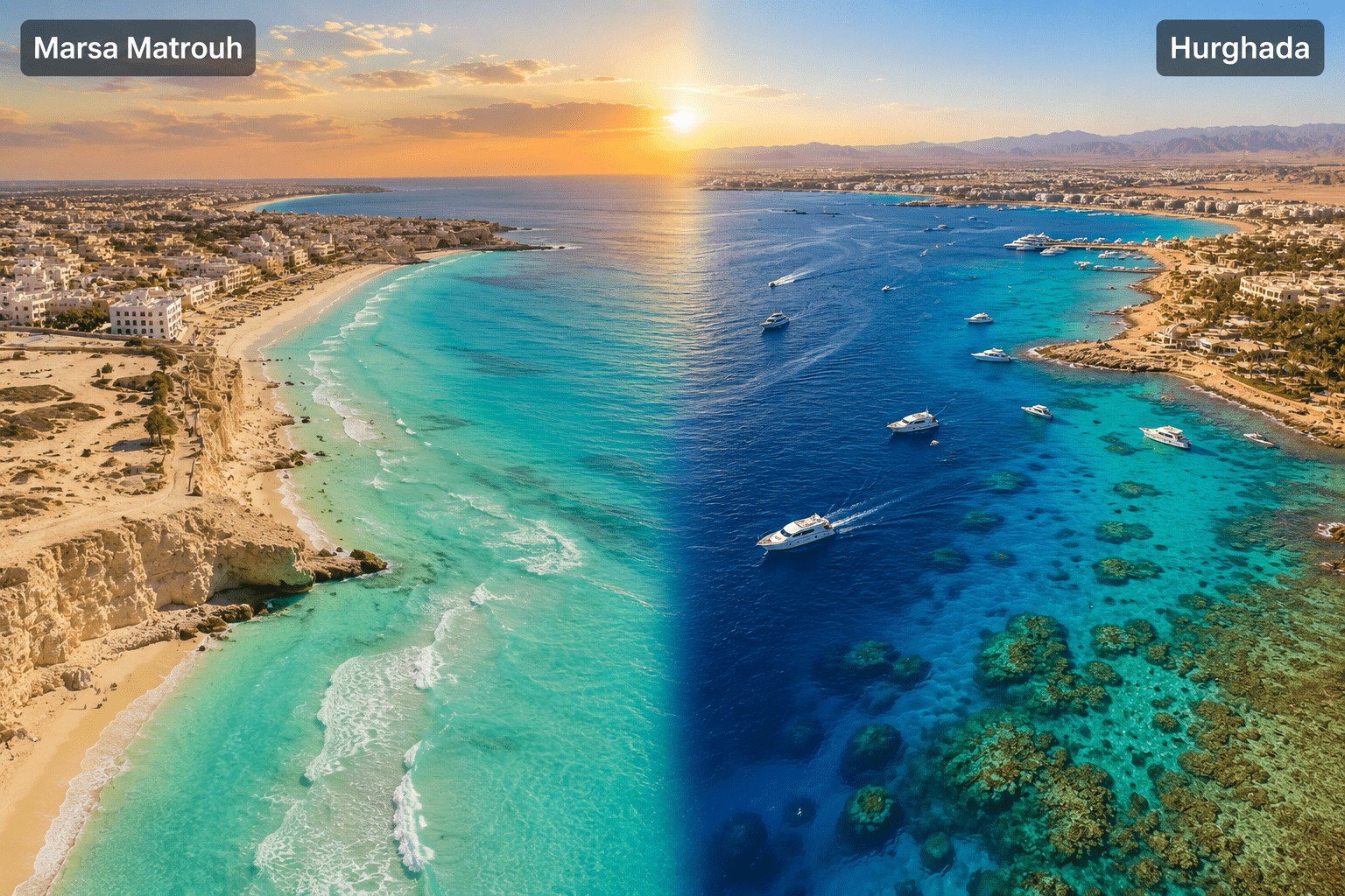 Mediterranean Egypt and Red Sea Egypt compared, showing white-sand beaches and coral reef coastline.