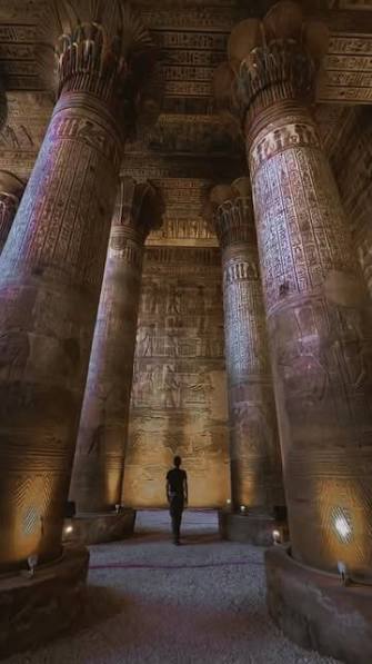 Roofed hypostyle hall inside Edfu Temple.