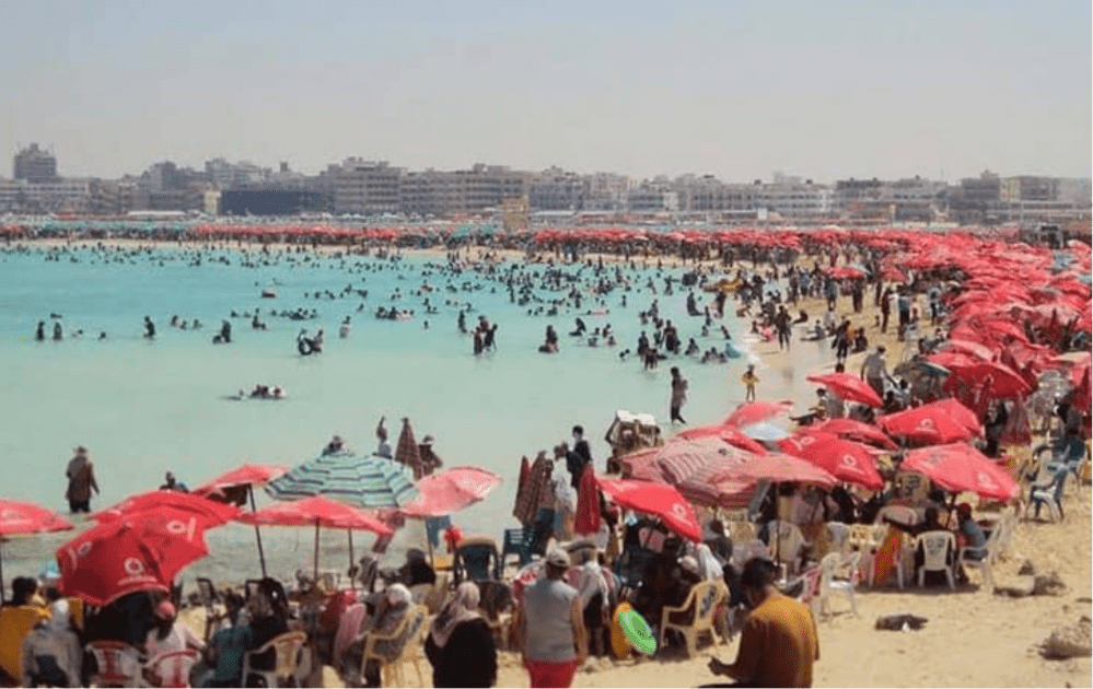 Busy family beach with umbrellas and swimmers