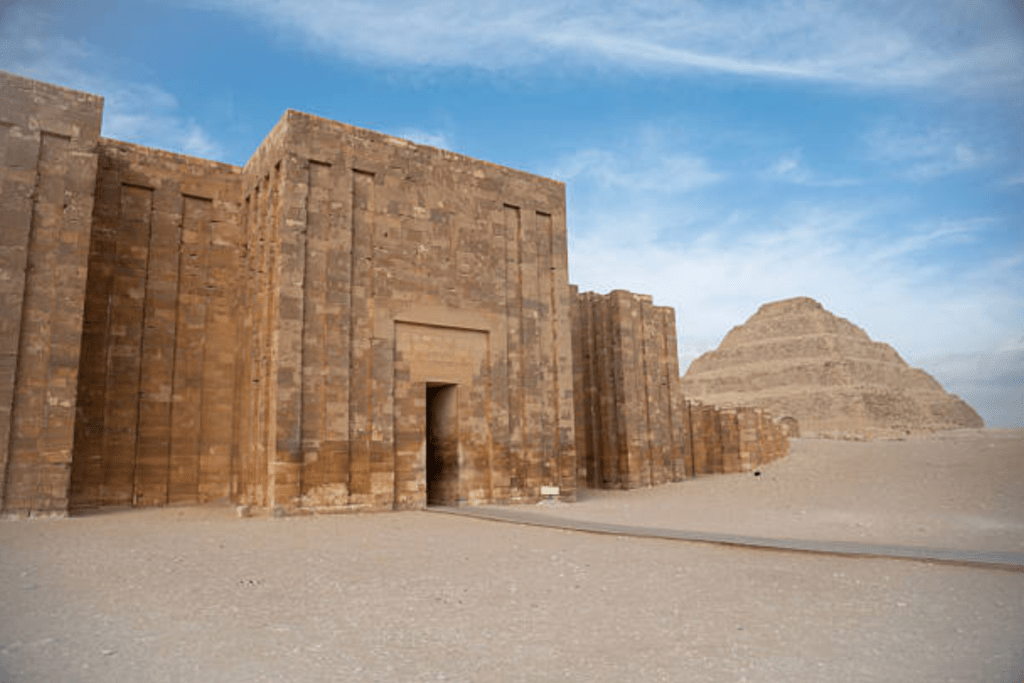 Step Pyramid of Djoser and ancient stone colonnade at Saqqara.