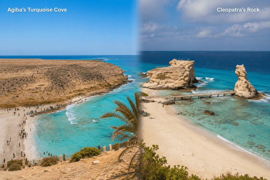 Agiba Beach vs Cleopatra Beach on Egypt's Mediterranean coast in Marsa Matrouh.