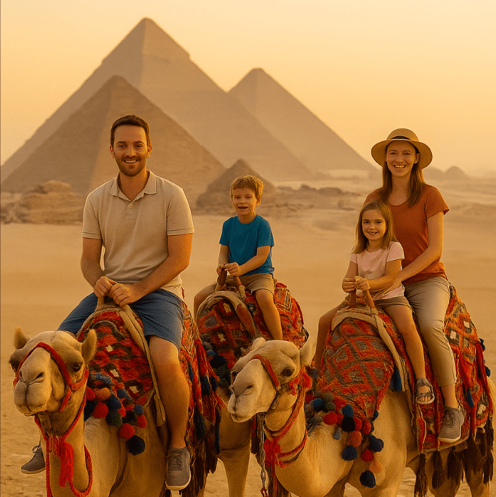 Egypt travel safety family camel ride Giza pyramids