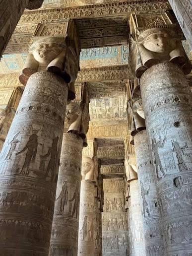 Hathor-faced column capital at the Temple of Hathor in Dendera.