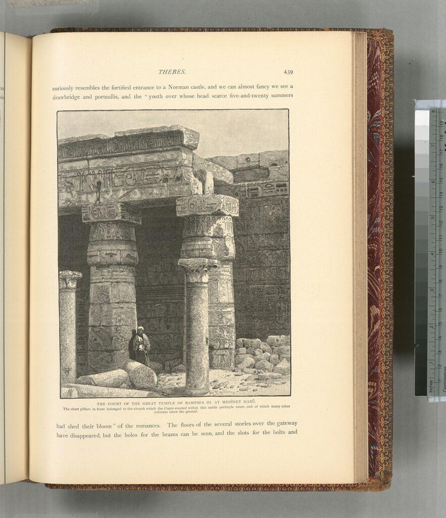 Historic photograph of Coptic church remains inside the second court of Ramesses III's temple at Medinet Habu