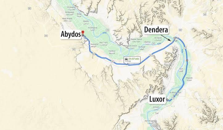 Map showing Dendera and Abydos north of Luxor in Upper Egypt.