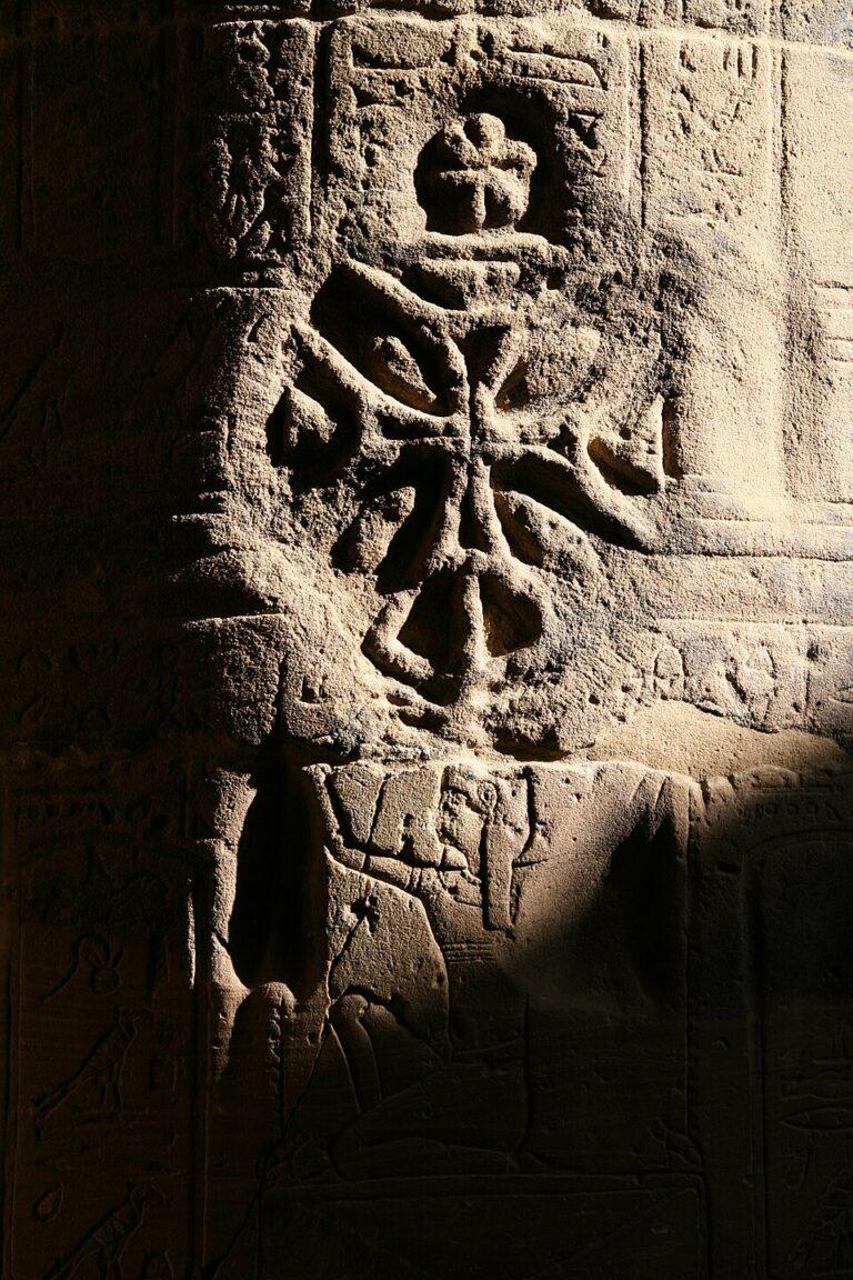 Christian cross carved over an ancient Egyptian relief at the Temple of Isis at Philae