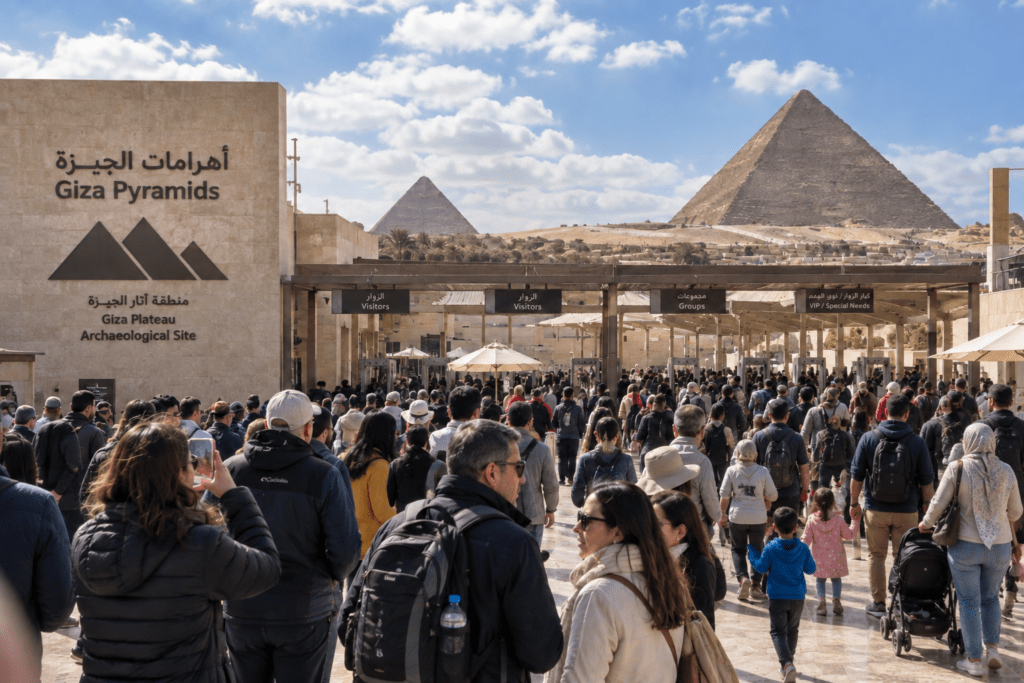 Visitors at the Giza Pyramids during Egypt's busy sightseeing season