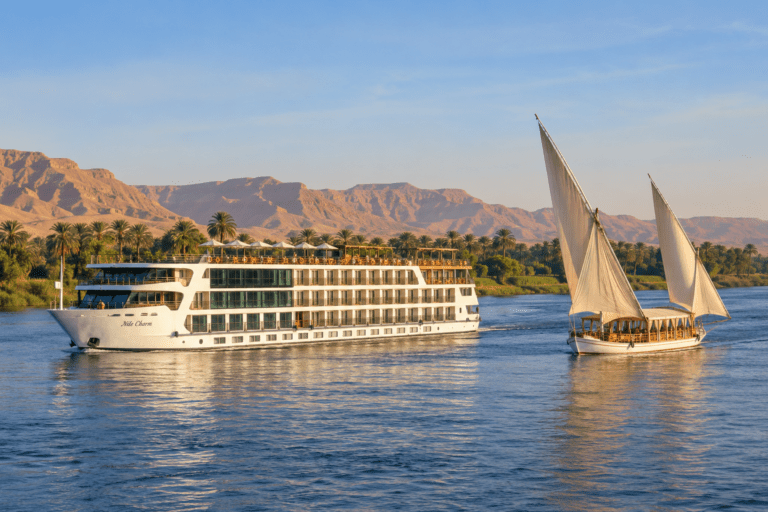nile cruise ship and a dahabiya on the Nile between Luxor and Aswan