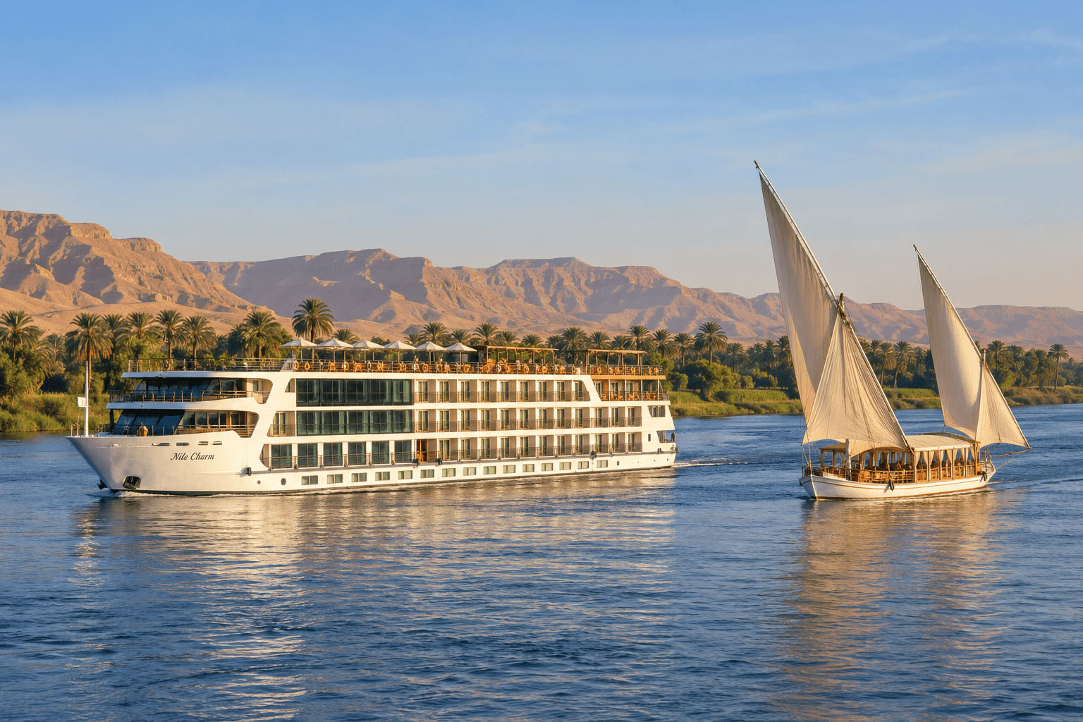 nile cruise ship and a dahabiya on the Nile between Luxor and Aswan