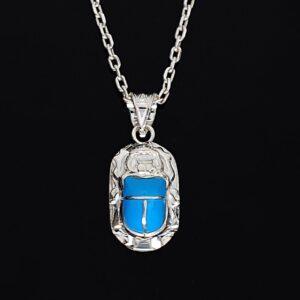 Sterling Silver Scarab Beetle Necklace, Blue Enamel Pendant