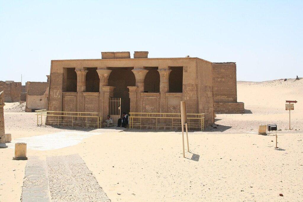 Temple-style facade of the Tomb of Petosiris at Tuna el-Gebel in Minya, Egypt.