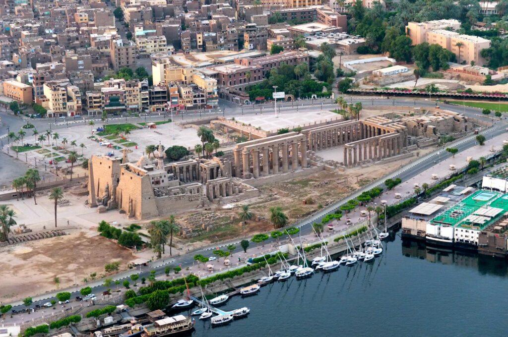 Luxor Temple and the Nile in modern Luxor, part of ancient Thebes in Egypt